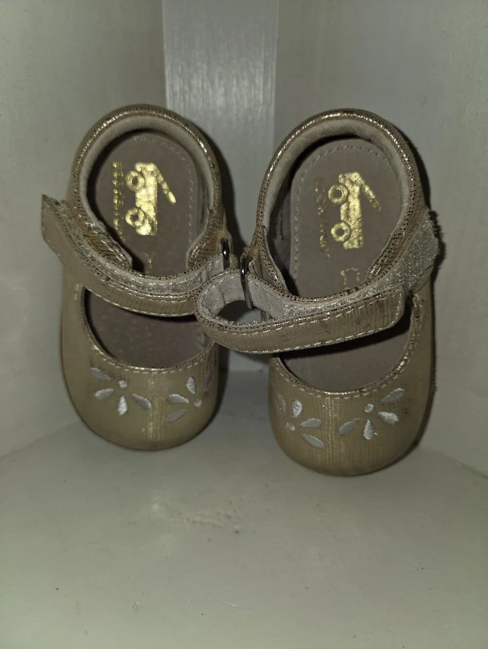 See Kai Run Metallic Gold Mary Janes with White Floral Accent